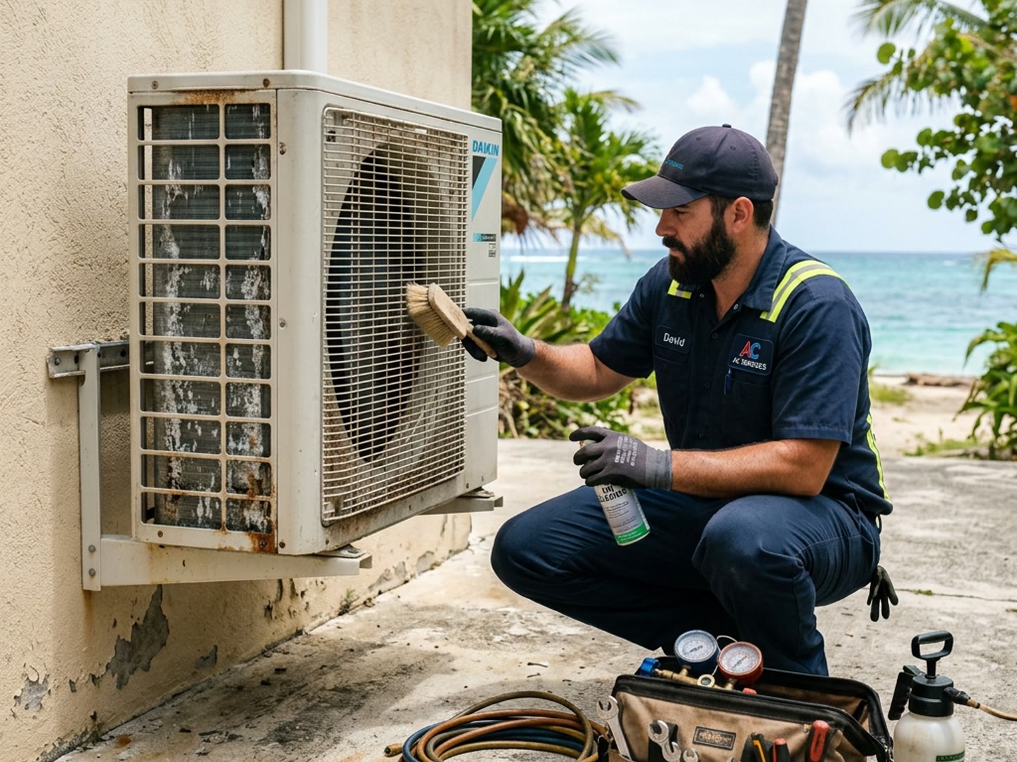 A technician cleaning the corroded condenser fins of an outdoor air-conditioner unit.