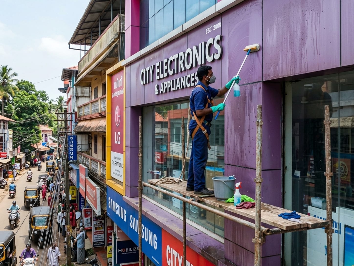 A commercial shopfront clad in aluminium composite panels being cleaned by a technician from an access platform.