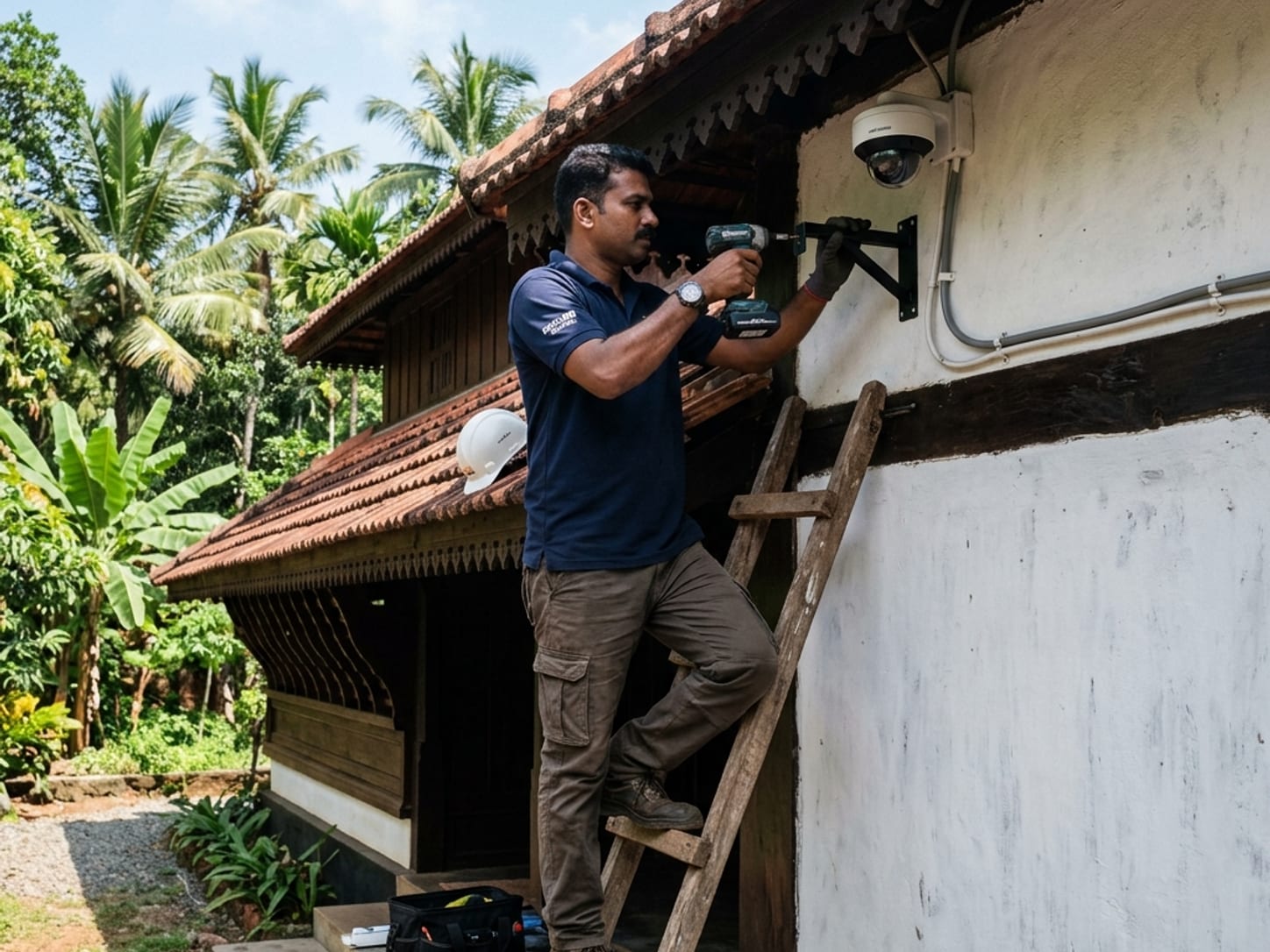 A technician installing a weatherproof outdoor CCTV camera under the eaves of a building.