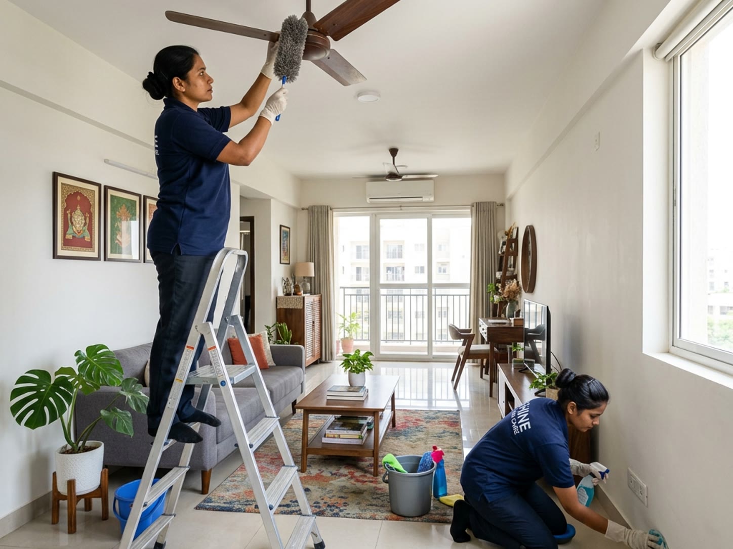 A two-person cleaning team deep cleaning a living room, working on skirting, fans and upholstery.