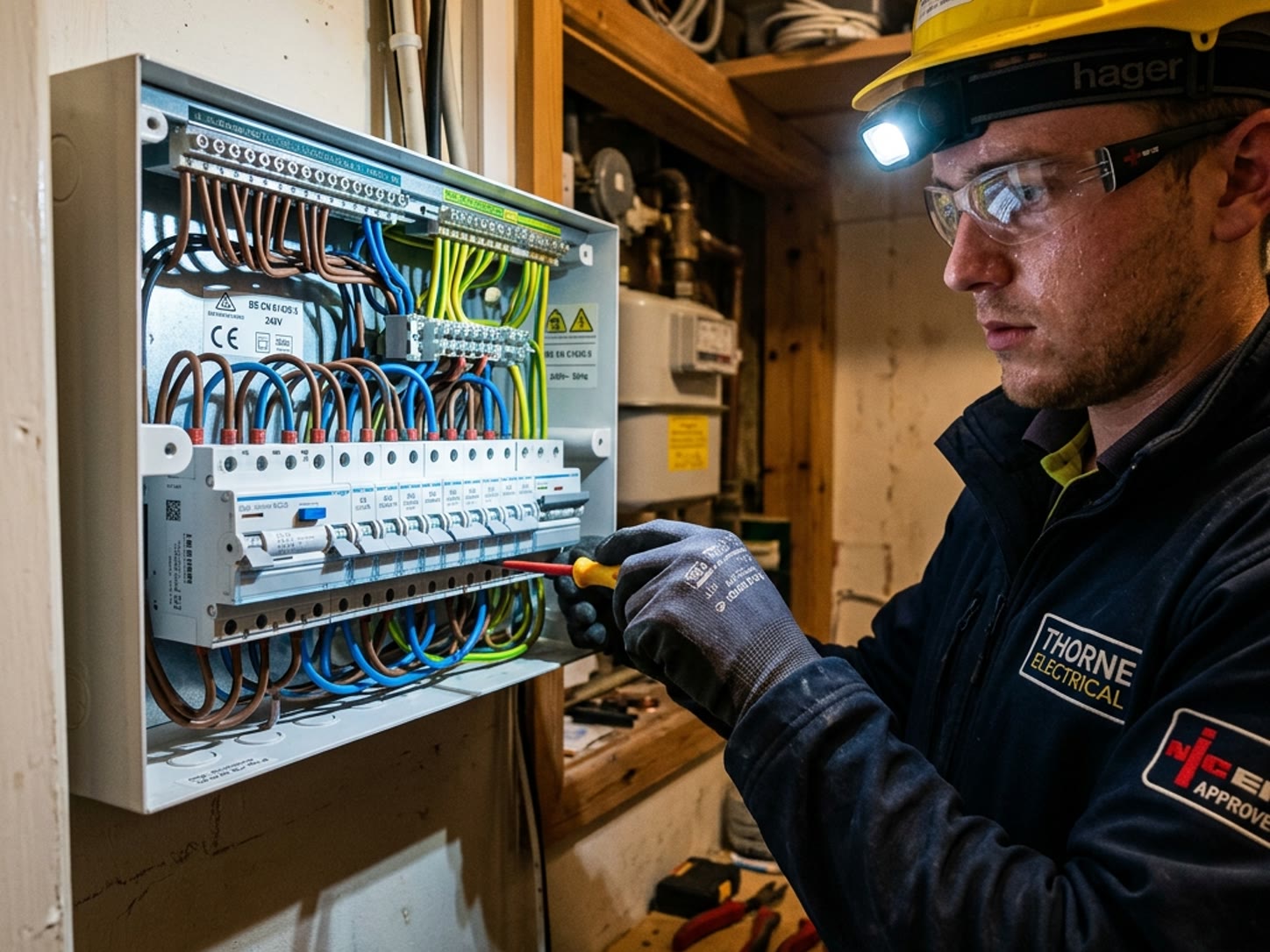 A licensed electrician testing the consumer unit and residual-current device inside a home distribution board.
