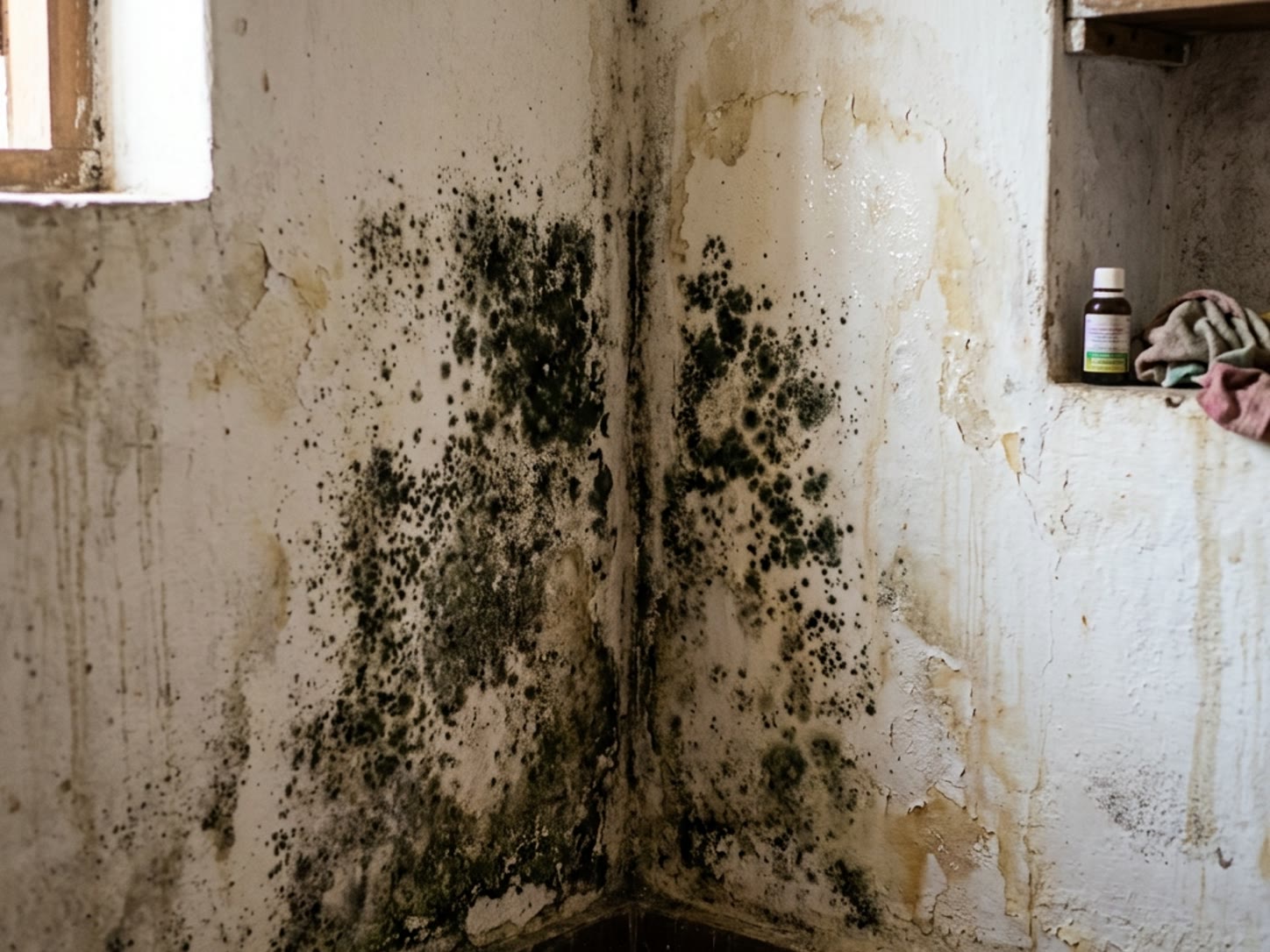 Damp staining spreading across the corner of a painted interior wall during the Kerala monsoon.