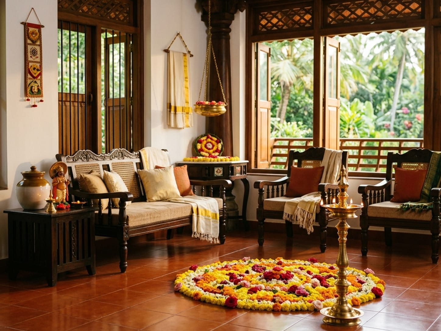 A bright, freshly cleaned Kerala home interior prepared for Onam, with polished floors and open windows.