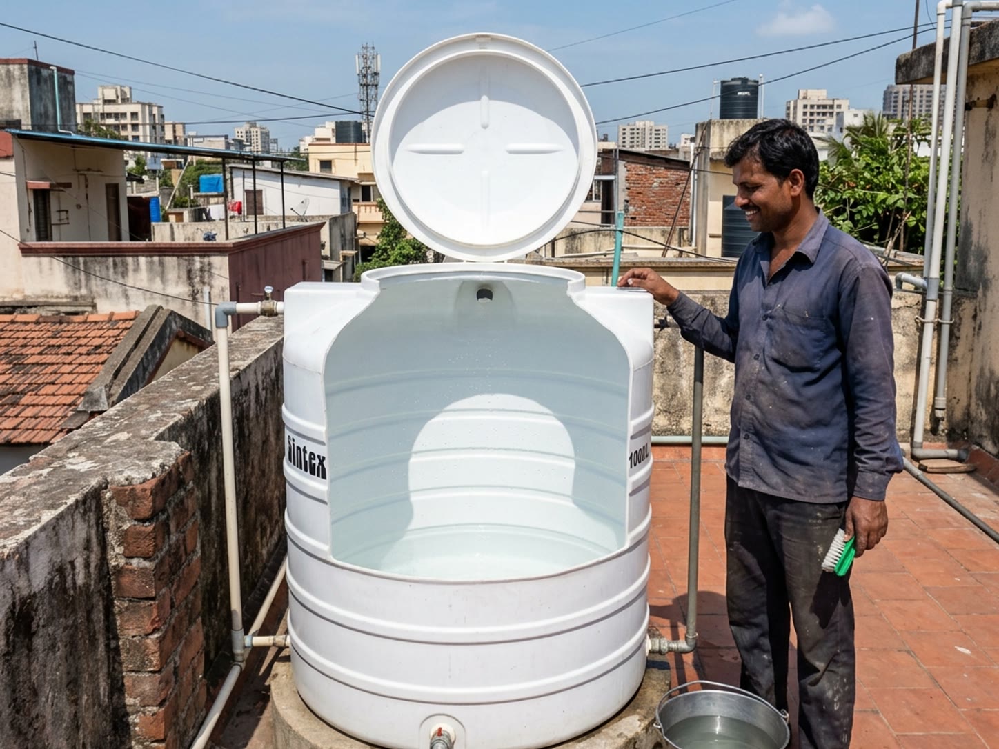 A cleaned overhead water storage tank with its lid open, after draining and scrubbing.